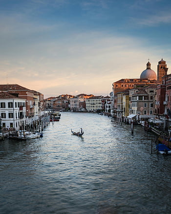 Venice, Grand Canal, gondolas, historic architecture, sunset, floating boat, houses, beautiful view, person standing, waterway, travel destination
