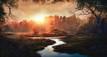 ai Generated, fantasy, autumn, sunset, trees, river, nature, travel, exploration, outdoors