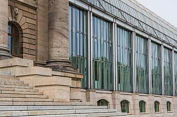 costruzione, architettura, le scale, bicchiere, facciata in vetro, moderno, finestra, cancelleria dello stato bavarese, Monaco, Baviera
