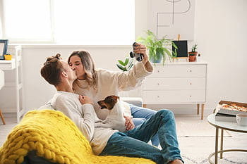 pár, selfie, obrázek, Pes, Fotoaparát, Domov, byt, milovat, životní styl, muž, žena