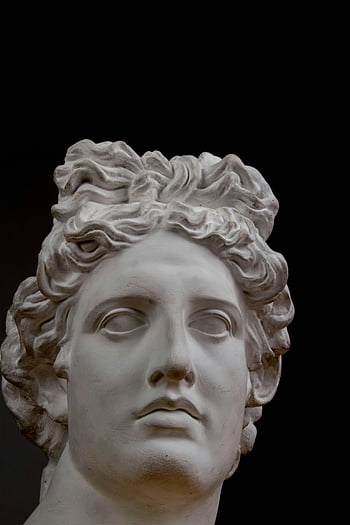 white sculpture, head bust, figurine, detailed stone, classical figure, black background, intricate carving, white stone bust, classical sculpture, artistic sculpture, marble bust