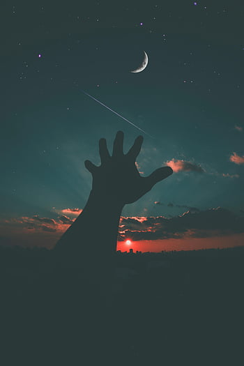 ruka silueta, srpek měsíce, hvězd, soumrak obloha, dramatická obloha, dosahující ruku, noční obloha, západ slunce, nebeský, ruka a měsíc, panorama města