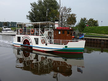 lopatkový parník, cestovat, loď, vodní kolo, kanál, ostfriesland, Německo, osobní loď, tok