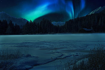 Severní polární záře, Příroda, aurora, noc, krajina, hory, zimní, sníh, zářící
