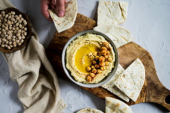 hummus, bowl, pita breads, creamy hummus, chickpeas, wooden board, food photography, middle eastern cuisine, appetizer, healthy food, dip