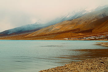 jezero, hory, pobřeží, mlha, sníh, poušť, pangong jezero, kašmír, buddhismus, venkovní, cestovní ruch