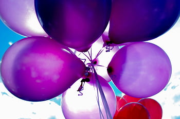 mor balonlar, menekşe balonlar, düşük açılı atış, parlak mor, açık mavi gökyüzü, kutlamaları, yüzen balon, parti süsleri, şenlikli balonlar, açık hava etkinliği, renkli balonlar