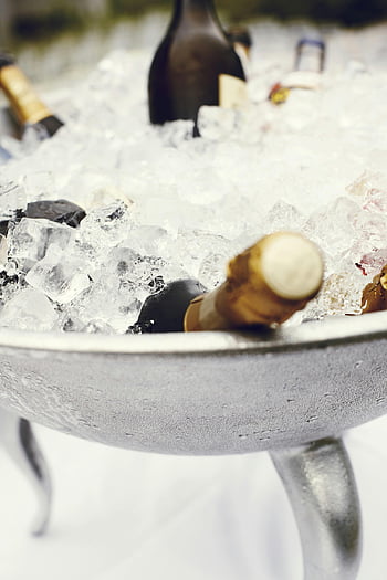 wine bottles, stainless steel tray, ice bucket, chilled champagne, celebrations, parties, close-up, ice cubes, festive drinks, beverage cooling, party essentials