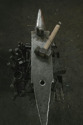 blacksmith, anvil, hammer, workshop, tools, top view, scattered tools, metalworking, forge, craft, equipment