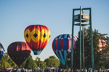 hot air balloons, field, people, festival, clear blue sky, vibrant colors, outdoor event, crowd, trees, sunny day, hot air balloon festival