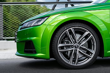 green Audi car, black rims, luxury sports car, close-up, shining rims, pavement, green car, Audi, sports car, car wheels, car rims