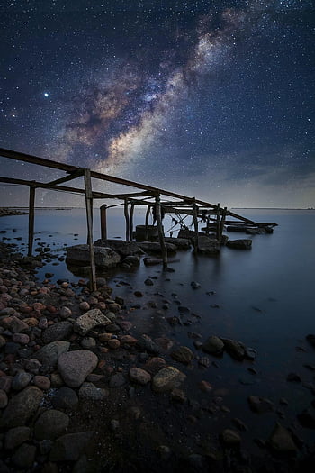 noční obloha, jezero, skály, kameny, hvězd, hvězdnatý, nebe, noc, večer, galaxie, vesmír