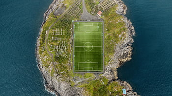 boisko do piłki nożnej, wyspa, Norwegia, widok z lotu ptaka, henningsvær, otoczony morzem, oszałamiający, przybrzeżny, boisko sportowe, naturalny krajobraz