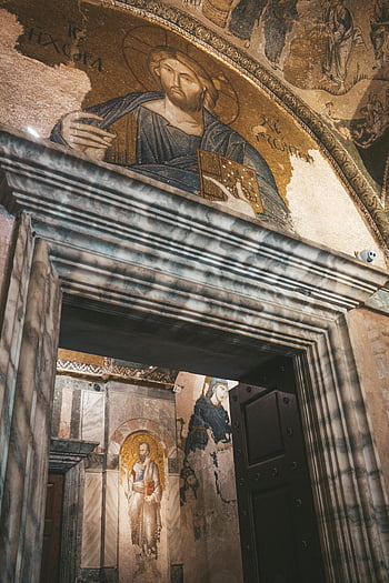 Byzantský kostel, posvátné mozaikové umění, Ježíš Kristus, náboženské malby, architektura interiéru, starověké umění, Křesťanská ikonografie, historický kostel, Mozaika zobrazení, náboženský interiér, posvátné umění