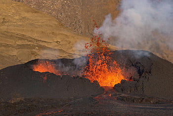 erupting volcano, volcanic eruption, flowing lava, rising smoke, natural intensity, powerful eruption, radiant eruption, volcanic landscape, volcanic activity, lava flow, smoke plume