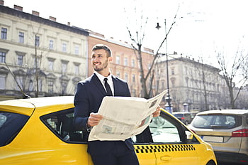man holding newspaper, businessman in suit, reading newspaper, leaning on yellow taxi, city street, urban scene, professional attire, daily news, outdoor setting, public transportation, city life