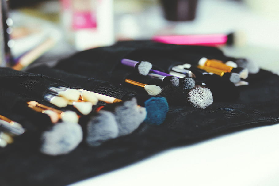 makeup brushes, assorted-color, black organizer, beauty themes, fashion themes, close-up, artistic, makeup tools, brush set, beauty products, fashion accessories