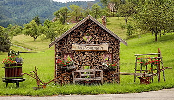 Brown Wooden House, tree, rural landscape, flowers, greenery, woodpile hut, picturesque, charming, countryside, outdoor, nature