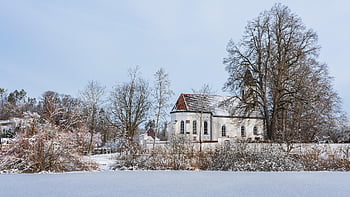 kostel, krajina, zimní, Studený, stromy, mráz, ledový, jezero, Příroda, zamrzlý, jinovatka