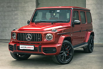 Red Mercedes Benz, G Class, luxury SUV, red SUV, outdoor parking, Mercedes style, high-end vehicle, Mercedes Benz G, red Mercedes, luxury car, stylish SUV
