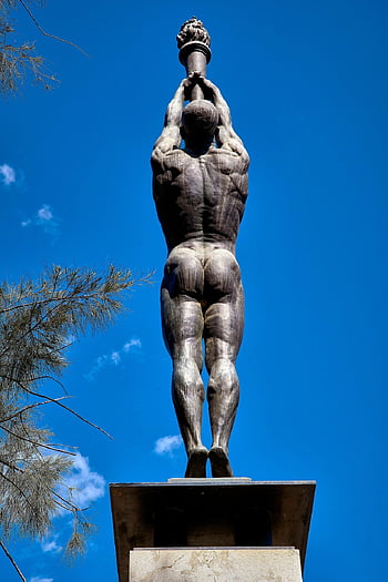 statue, olympics, barcelona, montjuic, sculpture, athlete, stadium, torch