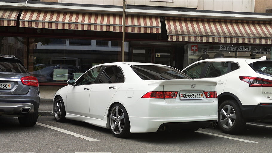 honda, souhlasu, mugen, bílé auto, zaparkované auto, parkování na ulici, zpětný pohled, poznávací značka, markýza, městské scény, modifikace vozu