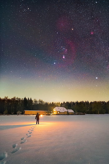 stars, snow, night, village, man, house, winter, light, orion, starry, night Sky
