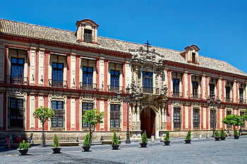 Španělsko, andalusie, seville, město, historické centrum, palác Arzobispal, arcibiskupský palác, palác, budova, fasáda, náměstí Virgin De Los Reyes