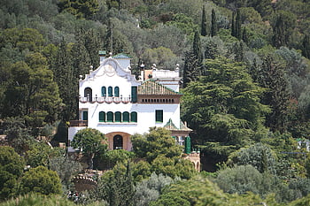 villa, ház, park güell, épület, barcelona, Spanyolország, építészet, sziklák, kövek, erdő, fák
