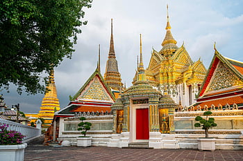Wat Pho Temple, Bangkok, ornate architecture, Thailand, bright sky, temple architecture, Wat Pho, Bangkok temples, Thai temple, ornate temples