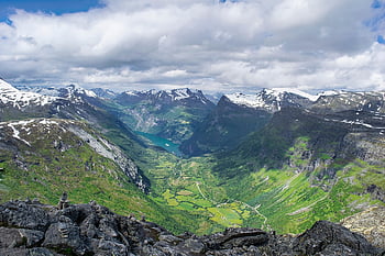 hory, fjord, krajina, pohoří, sněhové vločky, nebe, mraky, Příroda, Norsko