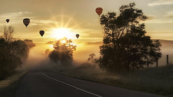 hot air balloons, sunset, foggy landscape, floating balloons, captivating view, sky, evening, nature, rural scene, travel, adventure
