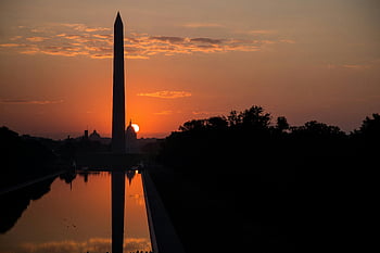 Washington Monument, sunrise silhouette, reflection pool, Washington DC, orange sunset, sunset silhouette, landmark, travel destination, iconic monument, national monument, travel photography