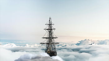 ボート、 海、 旅行、 船、 空、 山岳、 海洋、 雲、 風光明媚な、 冬、 コールド