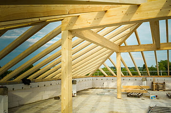 wooden frame, house ceiling, under construction, unfinished construction site, wooden roof trusses, clear sky, construction site, roof construction, building construction, wooden beams, construction materials