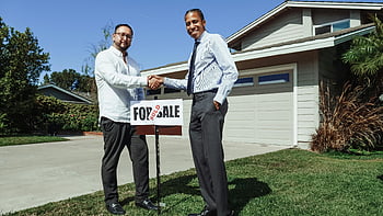 men in dress shirt, house, real estate deal, handshake, for sale sign, new home, sold sign, front yard, two men, real estate, successful deal