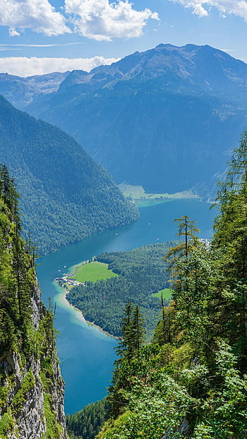 Königssee, meer, bergmeer, vooruitzicht, Duitsland, bergen, Beieren, natuur, Alpen, Bos, bomen