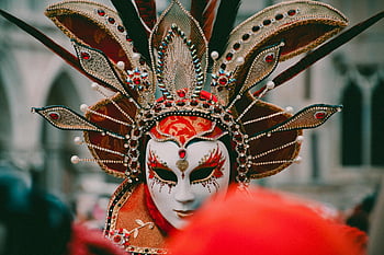 karneval v Benátkách, Benátská karnevalová maska, Bílá a oranžová maska, ozdobená maska, složité návrhy, Detailní maska, maska ​​volto, karnevalový kostým, benátská maska, Podrobná maska, červená a bílá maska