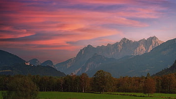 mountains, valley, sunset, dusk, afterglow, mountain Range, field, alpine, alps, landscape, scenery