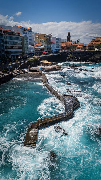 puerto de la cruz, teneryfa, widok na wybrzeże, żywa architektura, malownicze wybrzeże, fale oceanu, Promenada nabrzeża, pejzaż miejski, cel podróży, Wyspy Kanaryjskie, Hiszpania