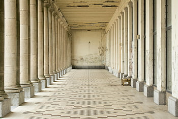 hallway, building, columns, elegant colonnade, classical columns, worn architecture, historic architecture, tiled floor, long corridor, interior design, vintage building