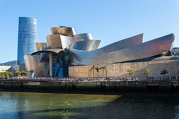 budova, řeka, moderní, muzeum, guggenheim, bilbao, architektura, město, umění, krajina