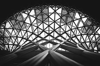low angle photography, metal building, grayscale, black and white, modern steel dome, geometric patterns, architectural photography, structural design, industrial architecture, monochrome, interior design