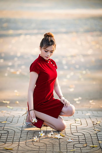 유행, Cheongsam, 여자, 베트남 사람, 아시아 사람, 빨간 치파오, 드레스, 아름다움, 아름다운, 예쁜, 소녀