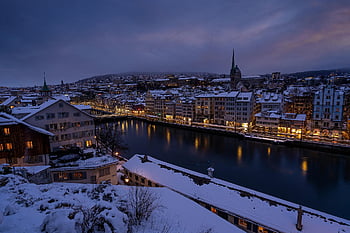 winter, zurich, city, historic Center, limmat, snow, switzerland, swiss, heaven, clouds, houses