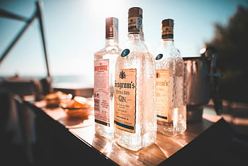 üvegital palackok, hűtött palackok, gin, vodka, napfényes kültéri asztal, nyári ünnep, szabadtéri italok, hűtött gin, hűtött vodka, kültéri party, nyári italok