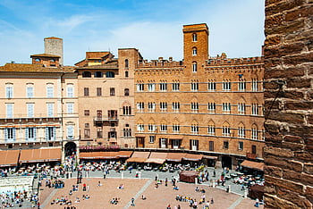 Piazza del Campo, Siena, Italy, historic architecture, lively atmosphere, people, brown concrete building, bustling square, outdoor cafes, medieval buildings, tourists