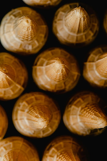 upside down ice cream cones, ice cream cones, pattern arrangement, overhead shot, waffle cones, dessert photography, food art, creative food presentation, culinary design, food styling, ice cream cone art
