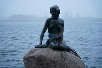 mermaid, statue, copenhagen, denmark, the Little Mermaid, sculpture, bronze Statue, rock, sea, ocean