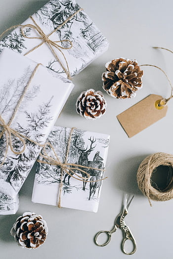 Geschenke, Kiefernzapfen, graue Oberfläche, rustikaler Urlaub, verpackte Geschenke, Schnur, Draufsicht, Urlaubsatmosphäre, Geschenkverpackung, Winterthema, Schere